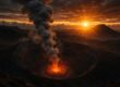 Volcanic crater with sunrise casting orange light over rocky terrain