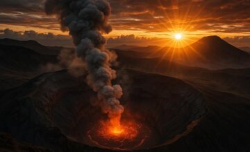 Volcanic crater with sunrise casting orange light over rocky terrain