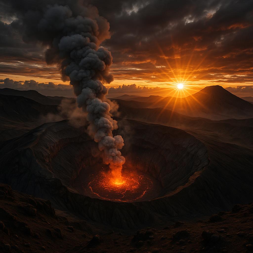 Volcanic crater with sunrise casting orange light over rocky terrain
