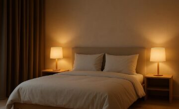 Wellness hotel bedroom with blackout curtains and circadian lighting for improved sleep