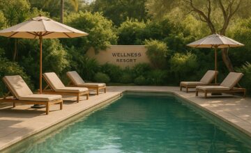 Peaceful wellness resort pool with lush greenery