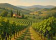 Peaceful vineyard landscape with hills and clear skies