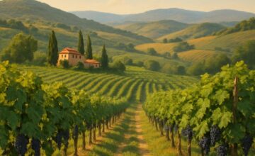 Peaceful vineyard landscape with hills and clear skies