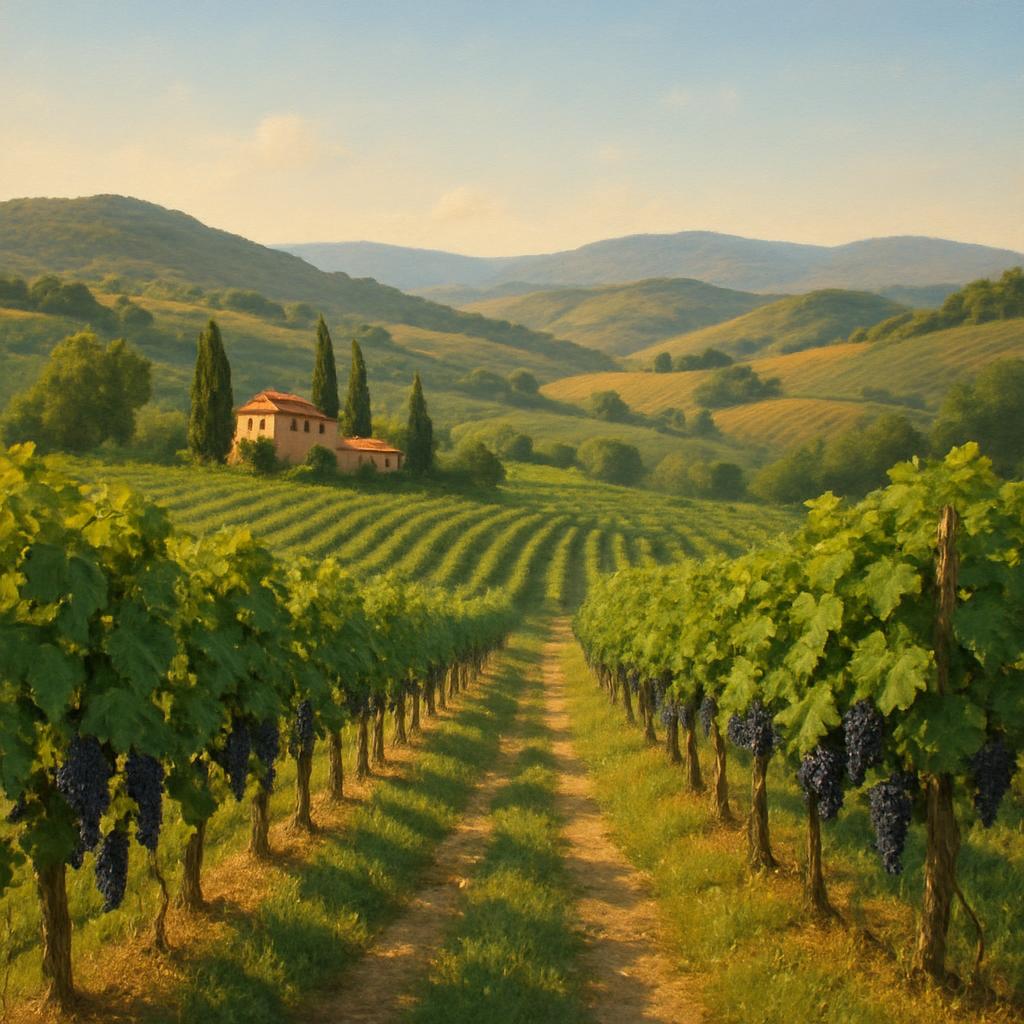 Peaceful vineyard landscape with hills and clear skies